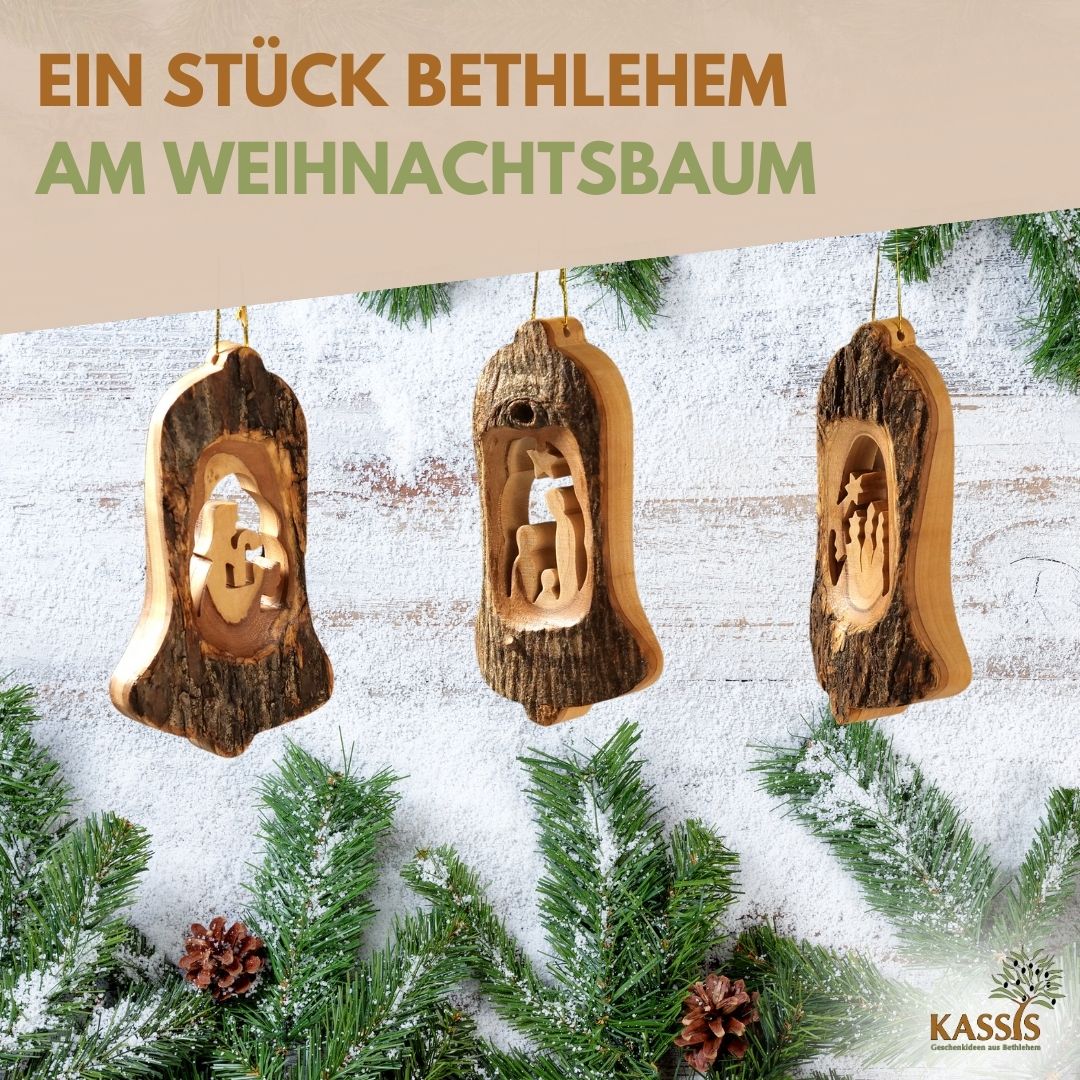 Weihnachtsdeko Baumschmuck Krippe in Glocke mit Rinde 3er Set-4