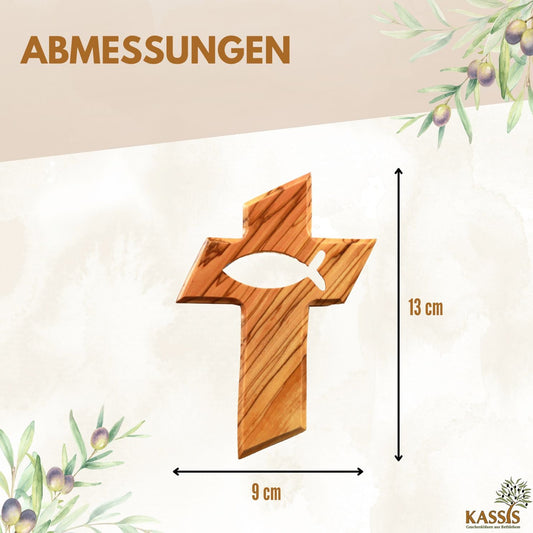 Wandkreuz aus Olivenholz mit Fischsymbol – handgeschnitzt in Bethlehem