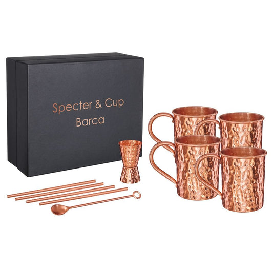 Kupferbecher-Set Barca – 4x Cocktailbecher (gehämmert, 400 ml) + 6-teiliges Zubehör-Set-1