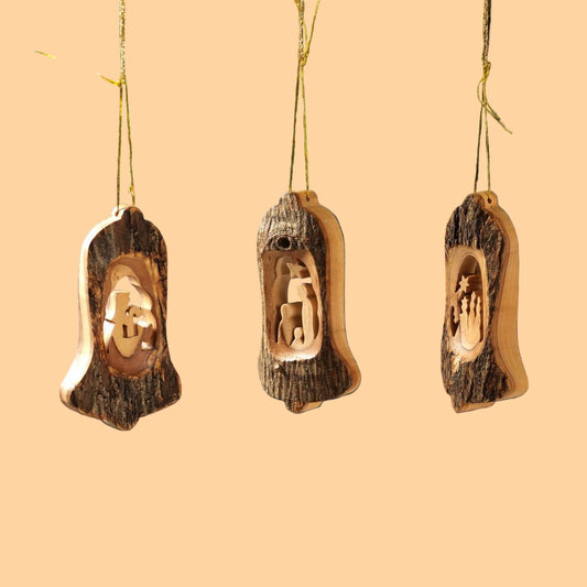 Weihnachtsdeko Baumschmuck Krippe in Glocke mit Rinde 3er Set-0