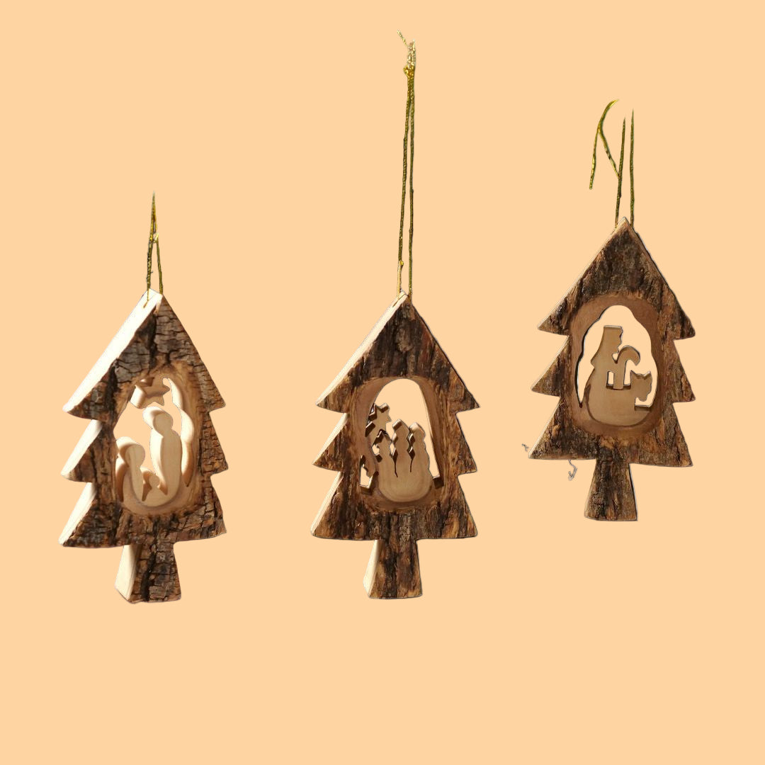 Weihnachtsdeko Baumschmuck Krippe im Tannenbaum mit Rinde 3er Set-0