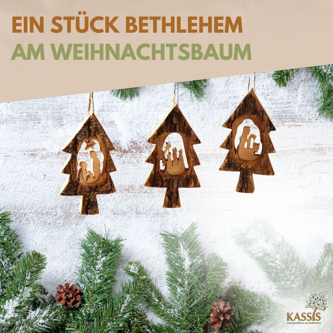 Weihnachtsdeko Baumschmuck Krippe im Tannenbaum mit Rinde 3er Set-4