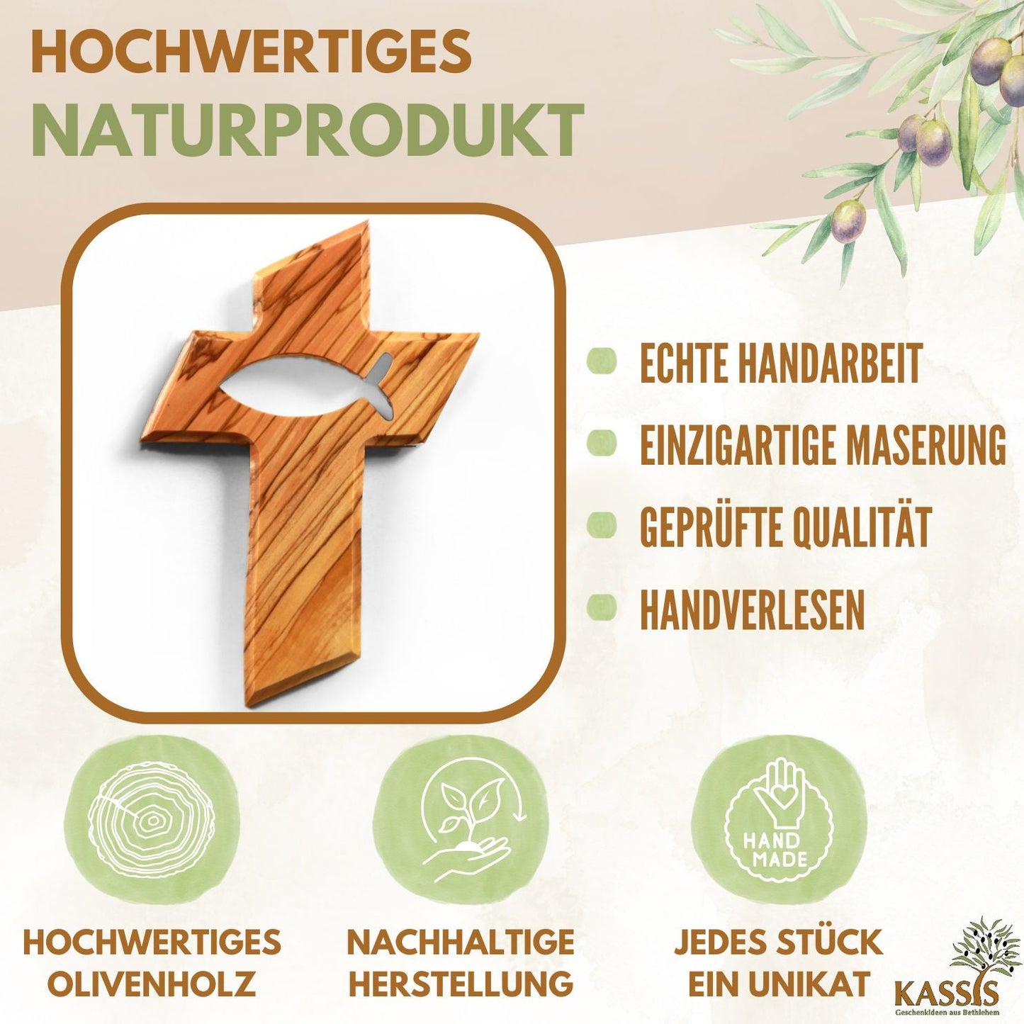 Wandkreuz aus Olivenholz mit Fischsymbol – handgeschnitzt in Bethlehem