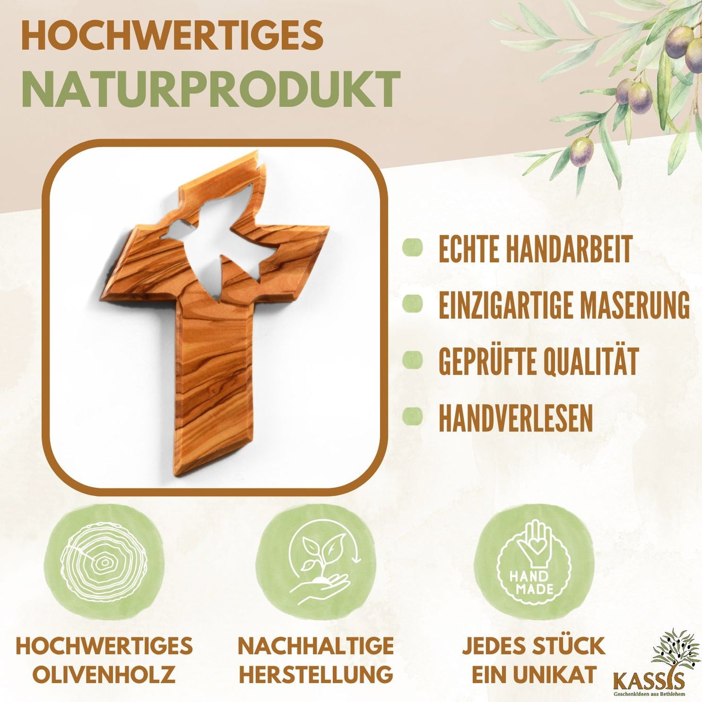 Olivenholz Wandkreuz mit Friedenstaube – handgeschnitzt in Bethlehem