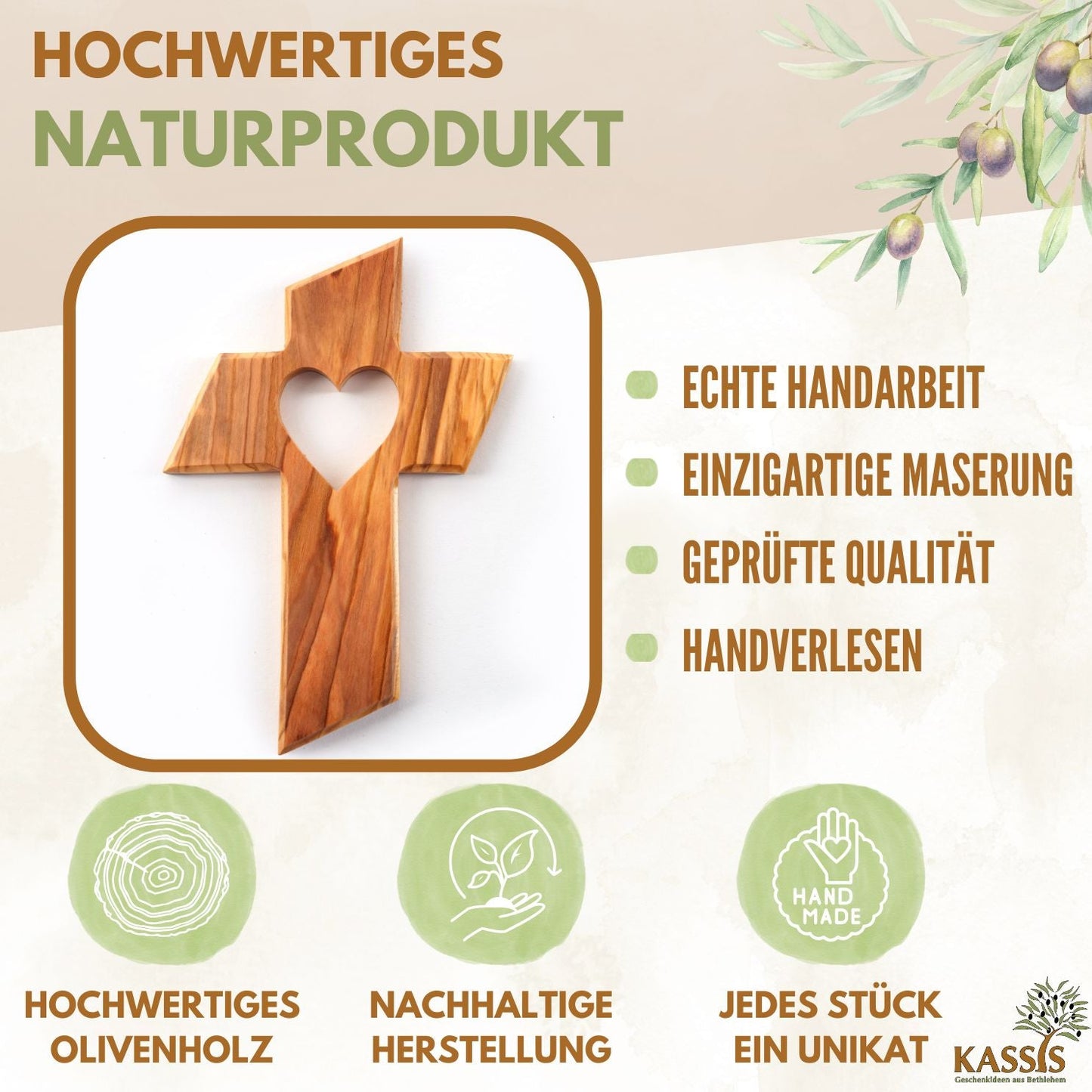 Olivenholz Wandkreuz mit Herz-1