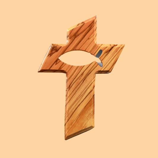 Wandkreuz aus Olivenholz mit Fischsymbol – handgeschnitzt in Bethlehem