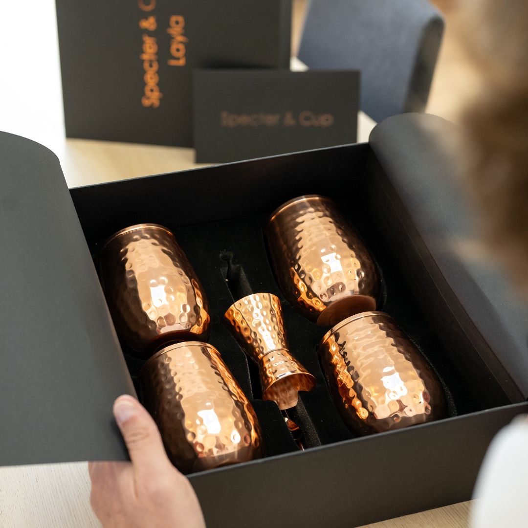 Kupferbecher-Set Layla – 4x Cocktailbecher (gehämmert, 470 ml) + 6-teiliges Zubehör-Set-3