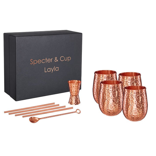 Kupferbecher-Set Layla – 4x Cocktailbecher (gehämmert, 470 ml) + 6-teiliges Zubehör-Set-1