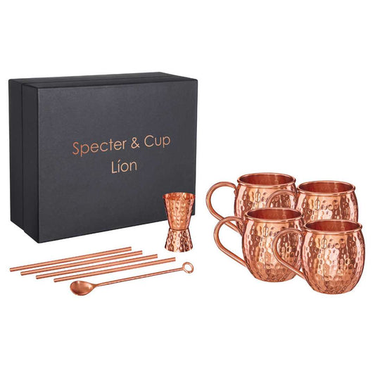 Kupferbecher-Set Líon – 4x Moscow Mule Becher (500 ml) + 6-teiliges Zubehör-Set-1